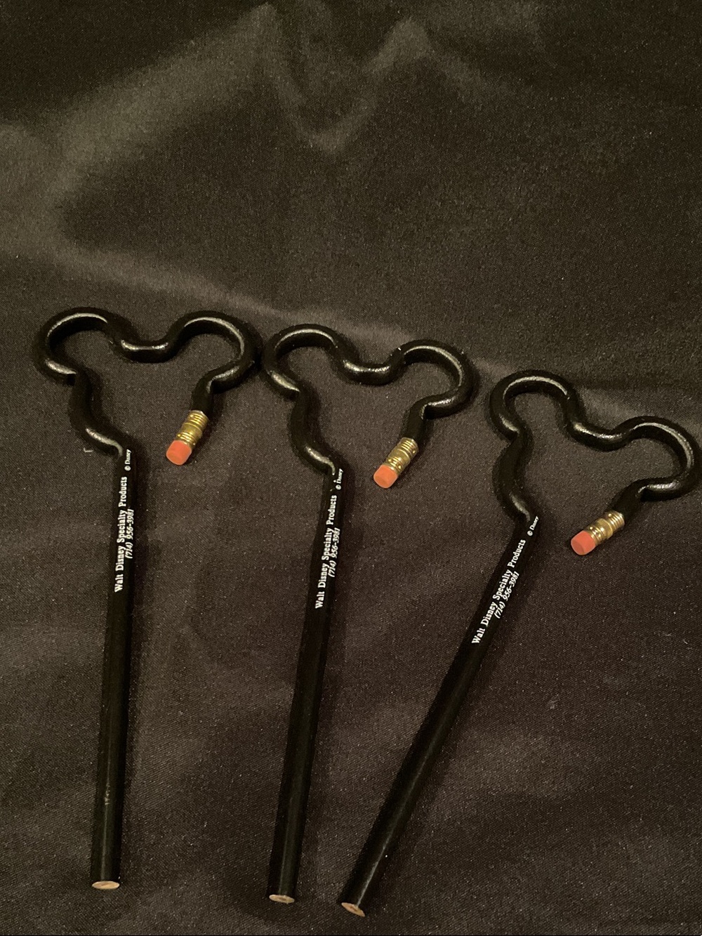 Vintage Set of 3 Black Novelty Disney Mickey-Head Pencils with Erasers